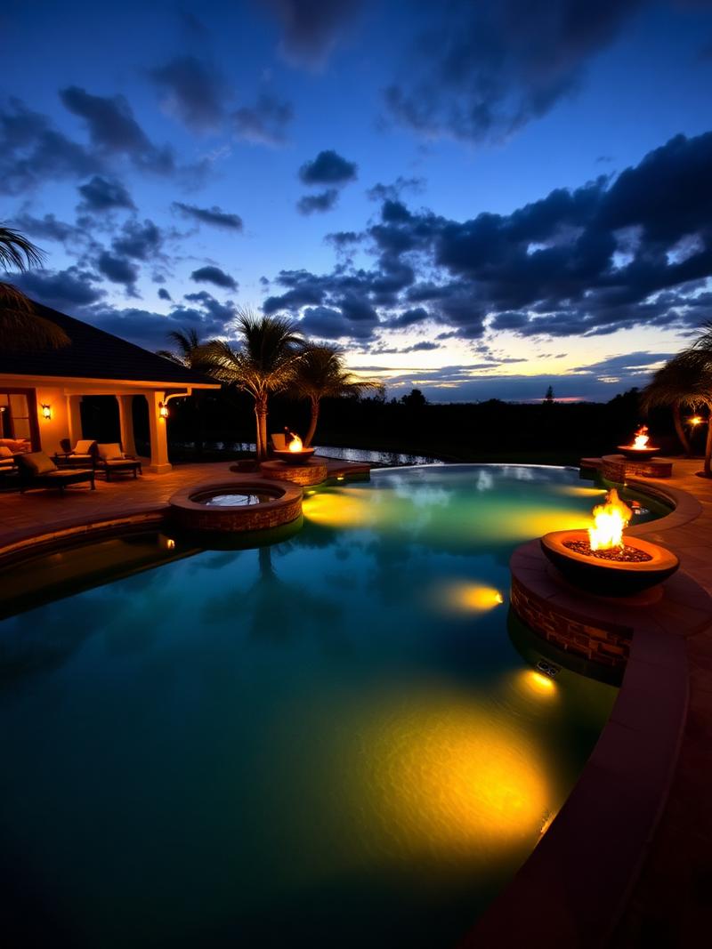Pool at night with fire bowls
